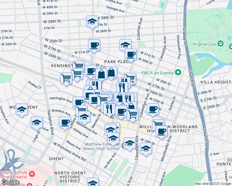 map of restaurants, bars, coffee shops, grocery stores, and more near 501 West 24th Street in Norfolk