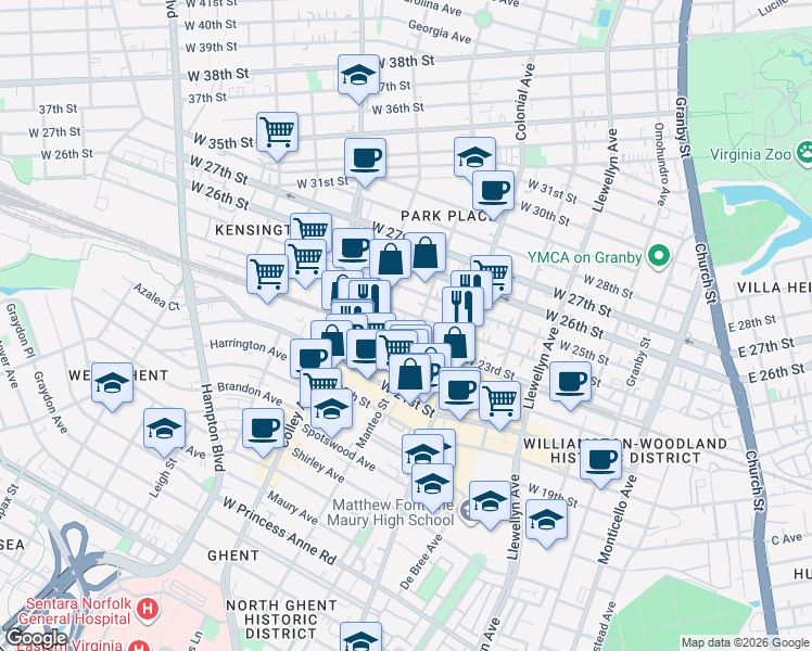 map of restaurants, bars, coffee shops, grocery stores, and more near 601 West 24th Street in Norfolk