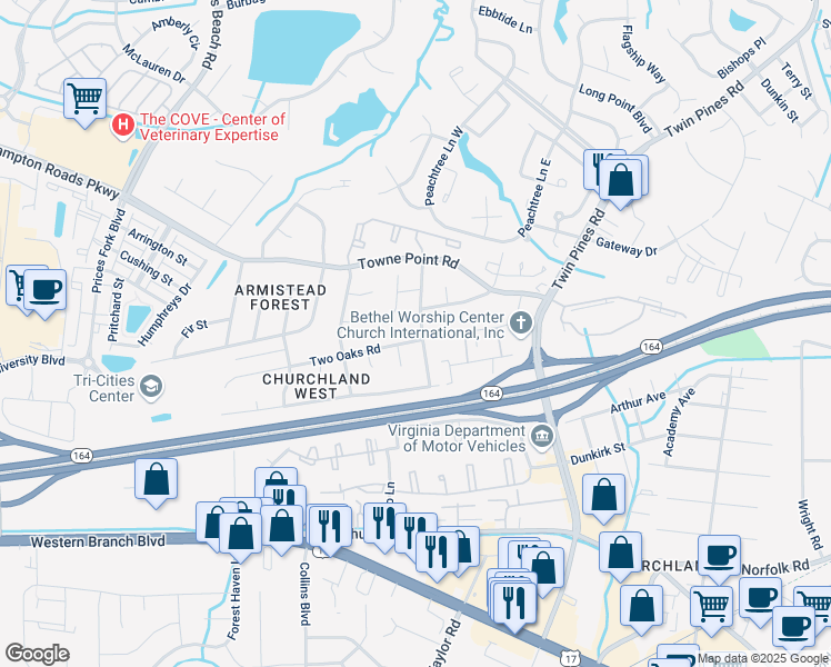 map of restaurants, bars, coffee shops, grocery stores, and more near 3725 Pinebark Road in Portsmouth