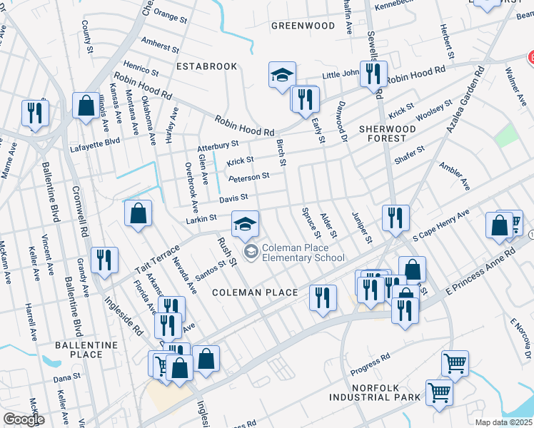 map of restaurants, bars, coffee shops, grocery stores, and more near 3905 Larkin Street in Norfolk