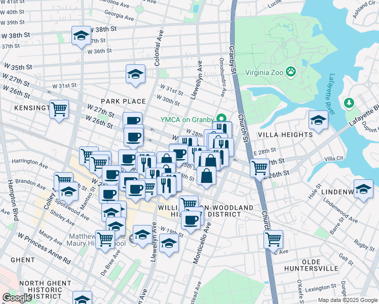 map of restaurants, bars, coffee shops, grocery stores, and more near 220 West 26th Street in Norfolk