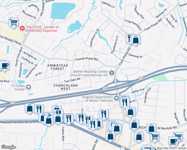 map of restaurants, bars, coffee shops, grocery stores, and more near 3768 Pepperwood Court in Portsmouth