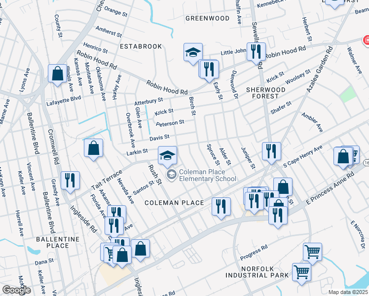 map of restaurants, bars, coffee shops, grocery stores, and more near 3909 Larkin Street in Norfolk