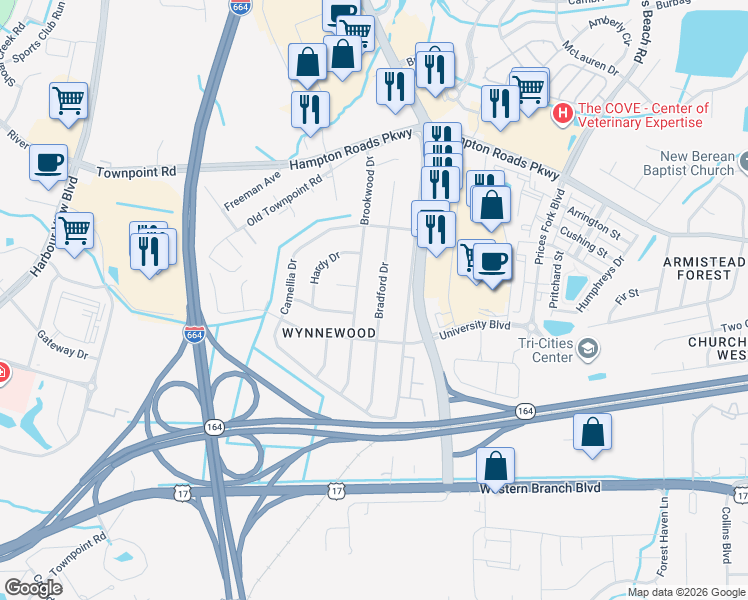 map of restaurants, bars, coffee shops, grocery stores, and more near 6021 Bradford Drive in Suffolk