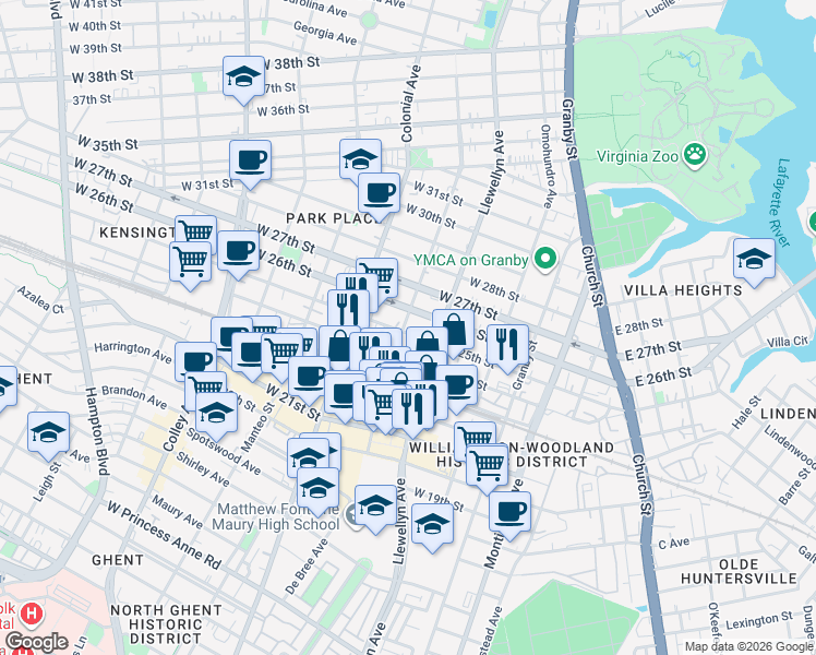map of restaurants, bars, coffee shops, grocery stores, and more near 328 West 25th Street in Norfolk