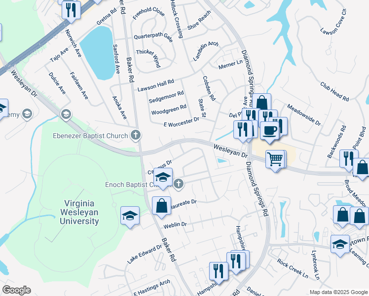 map of restaurants, bars, coffee shops, grocery stores, and more near 906 Wilcher Way in Virginia Beach