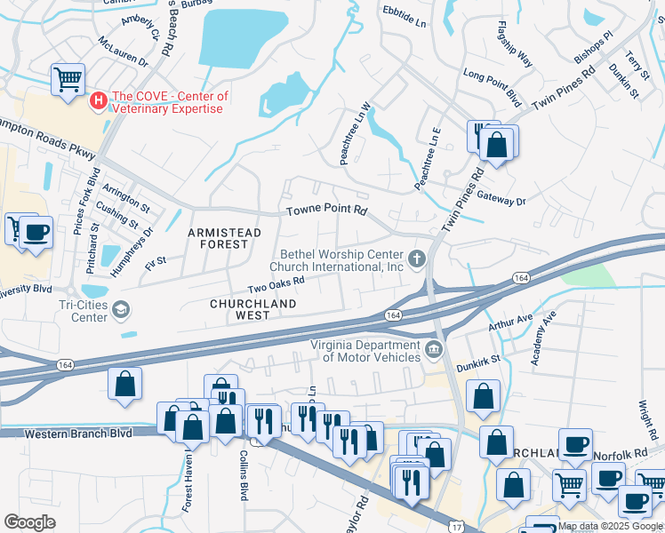map of restaurants, bars, coffee shops, grocery stores, and more near 3725 Pinebark Road in Portsmouth