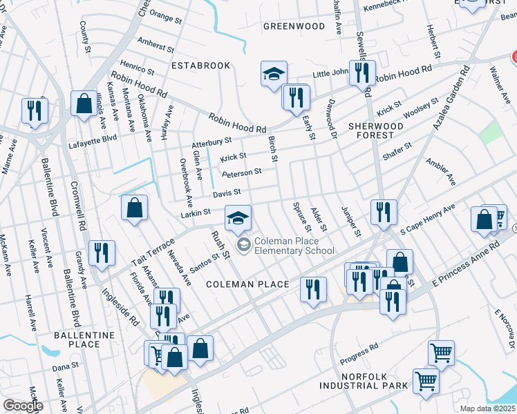 map of restaurants, bars, coffee shops, grocery stores, and more near 3905 Larkin Street in Norfolk