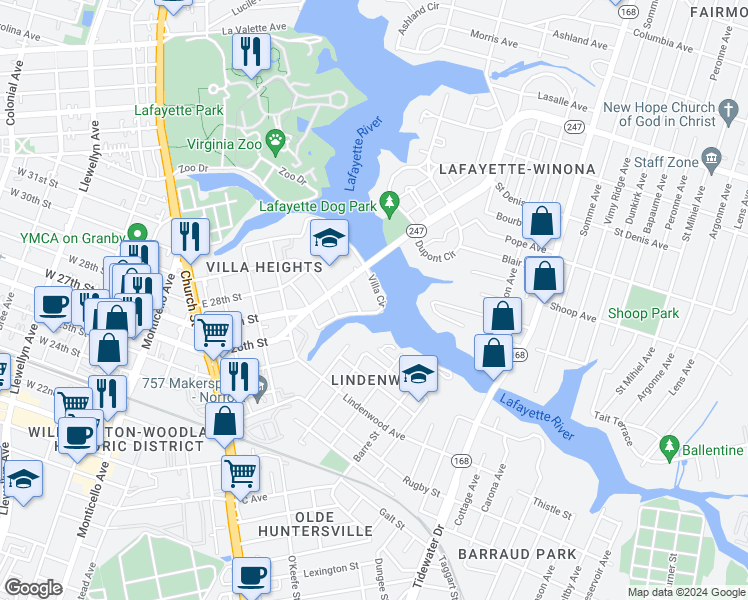 map of restaurants, bars, coffee shops, grocery stores, and more near 2511 Villa Circle in Norfolk
