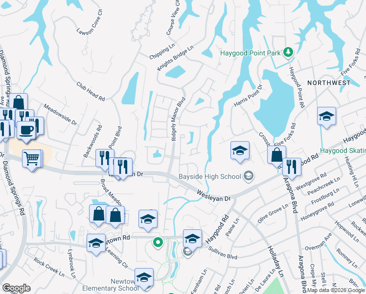 map of restaurants, bars, coffee shops, grocery stores, and more near 1140 Farrcroft Way in Virginia Beach