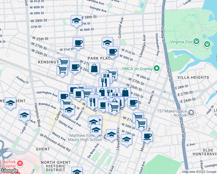 map of restaurants, bars, coffee shops, grocery stores, and more near 433 West 25th Street in Norfolk