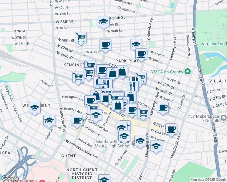 map of restaurants, bars, coffee shops, grocery stores, and more near 619 West 24th Street in Norfolk