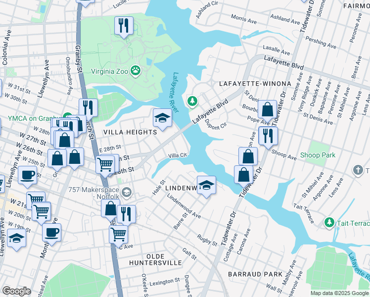map of restaurants, bars, coffee shops, grocery stores, and more near 2511 Villa Circle in Norfolk