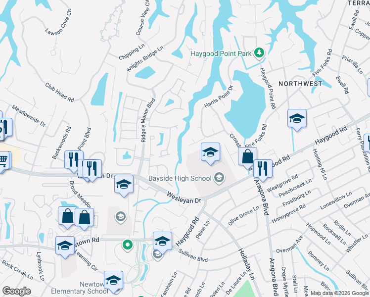 map of restaurants, bars, coffee shops, grocery stores, and more near 4724 Woodwind Way in Virginia Beach