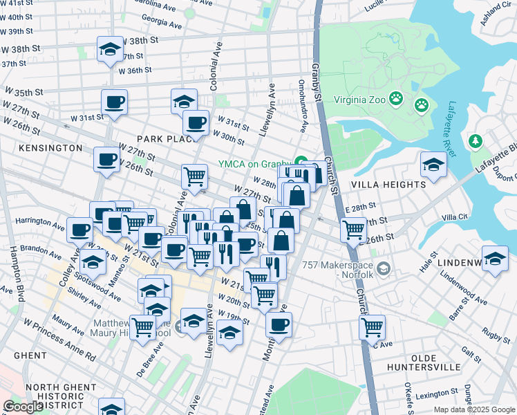 map of restaurants, bars, coffee shops, grocery stores, and more near 213 West 26th Street in Norfolk