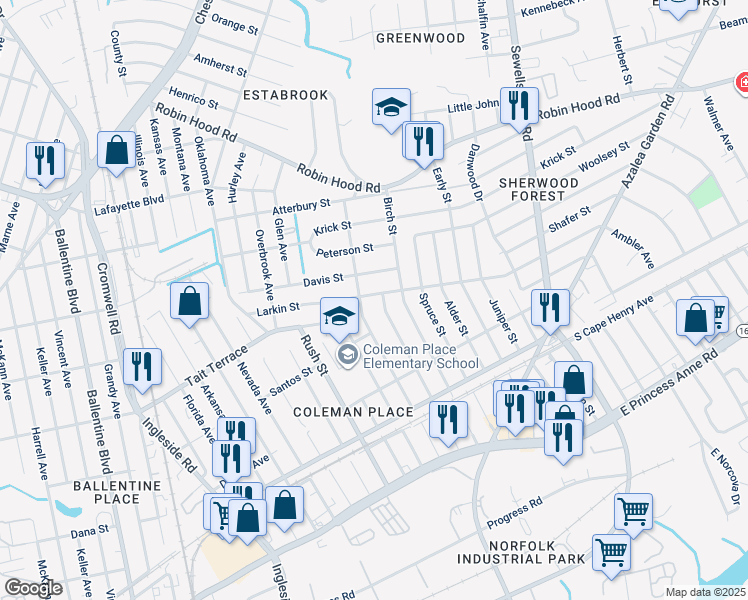 map of restaurants, bars, coffee shops, grocery stores, and more near 3909 Larkin Street in Norfolk
