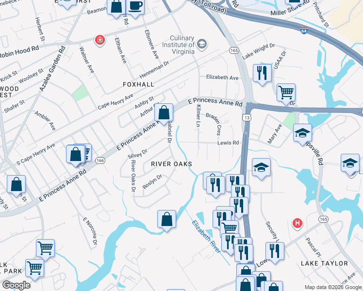 map of restaurants, bars, coffee shops, grocery stores, and more near 5407 Lewis Road in Norfolk