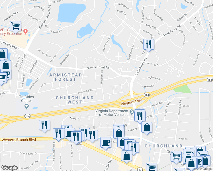 map of restaurants, bars, coffee shops, grocery stores, and more near 3766 Pepperwood Court in Portsmouth
