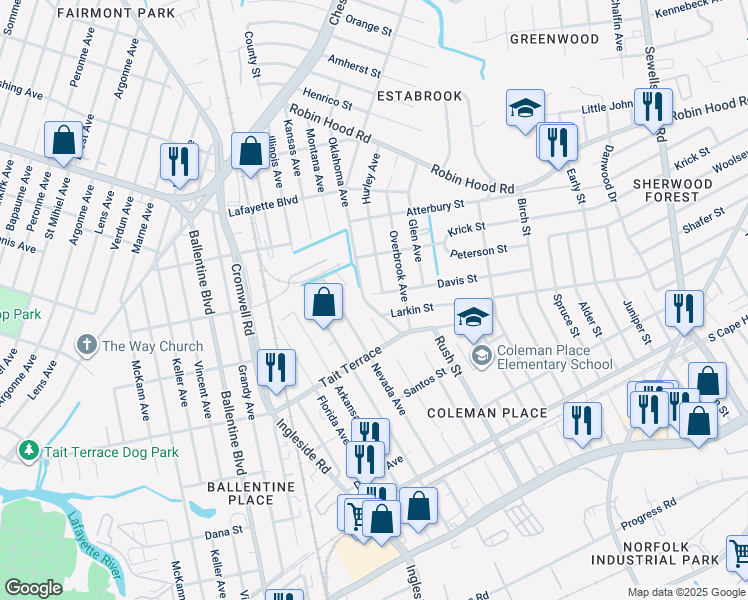 map of restaurants, bars, coffee shops, grocery stores, and more near 2634 Oklahoma Avenue in Norfolk