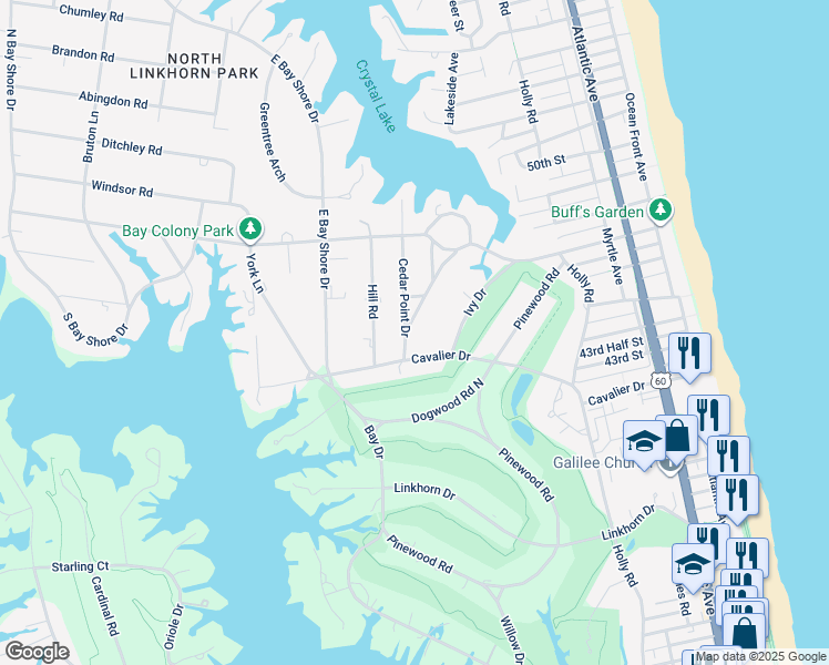 map of restaurants, bars, coffee shops, grocery stores, and more near 536 Cavalier Drive in Virginia Beach