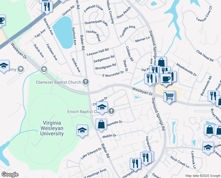 map of restaurants, bars, coffee shops, grocery stores, and more near 915 Wilcher Way in Virginia Beach