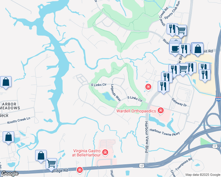 map of restaurants, bars, coffee shops, grocery stores, and more near 1027 Legends Way in Suffolk