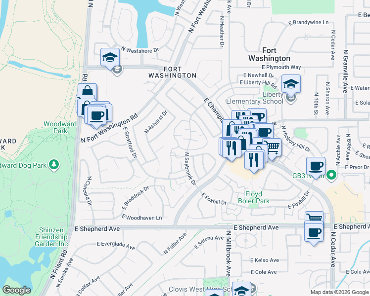 map of restaurants, bars, coffee shops, grocery stores, and more near 782 East Newcastle Lane in Fresno