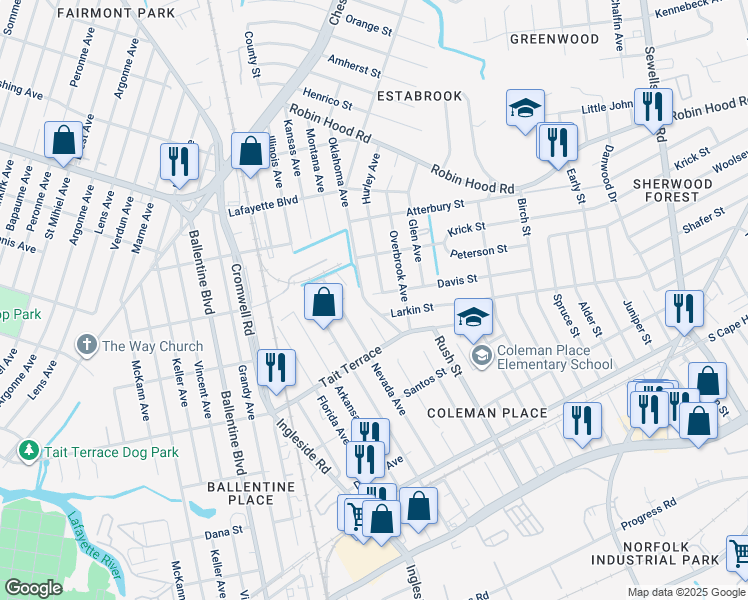 map of restaurants, bars, coffee shops, grocery stores, and more near 2634 Oklahoma Avenue in Norfolk