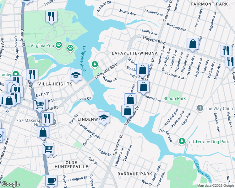 map of restaurants, bars, coffee shops, grocery stores, and more near 1734 Hancock Avenue in Norfolk
