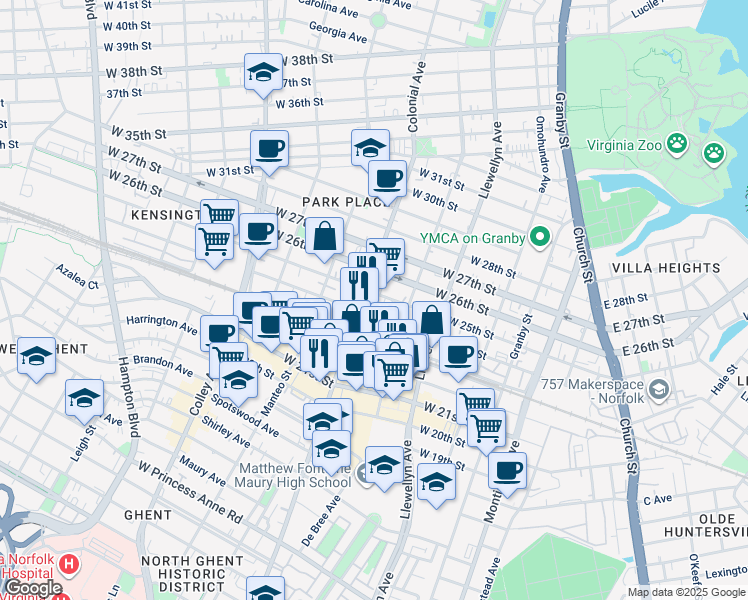 map of restaurants, bars, coffee shops, grocery stores, and more near 433 West 25th Street in Norfolk
