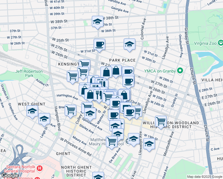 map of restaurants, bars, coffee shops, grocery stores, and more near 2 West 23rd Street in Norfolk