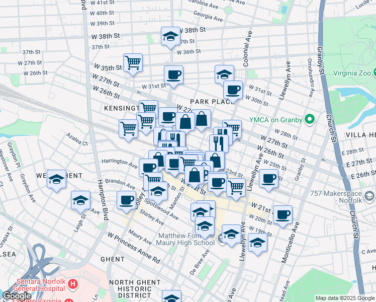map of restaurants, bars, coffee shops, grocery stores, and more near 2 West 23rd Street in Norfolk