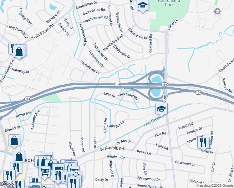 map of restaurants, bars, coffee shops, grocery stores, and more near 5401 Lilac Crescent in Portsmouth
