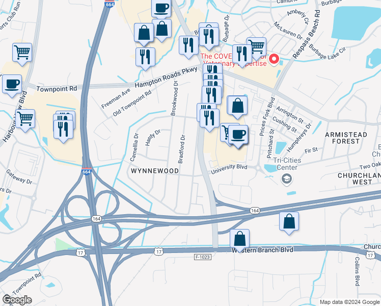 map of restaurants, bars, coffee shops, grocery stores, and more near 6016 Bradford Drive in Suffolk