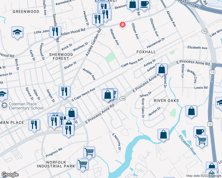 map of restaurants, bars, coffee shops, grocery stores, and more near 1531 Fleetwood Avenue in Norfolk