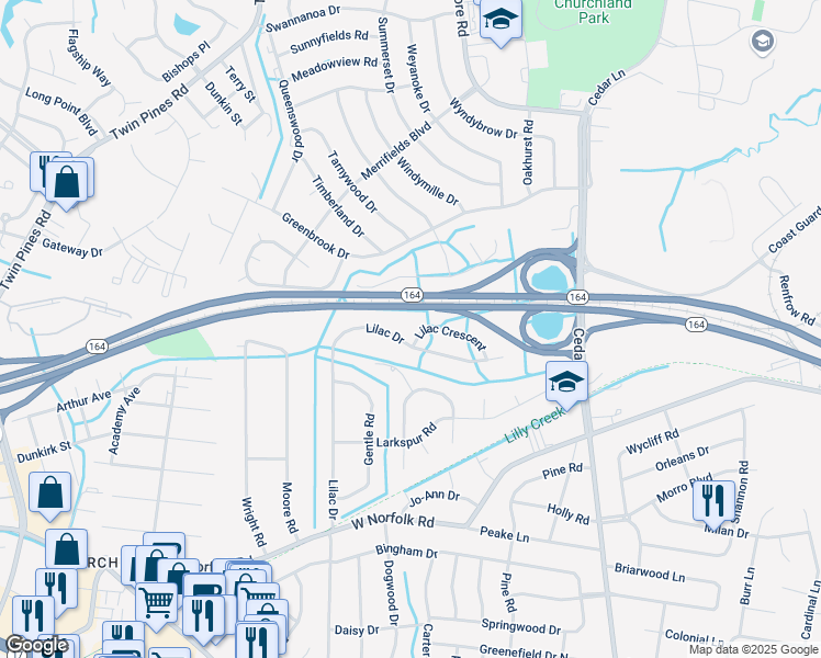map of restaurants, bars, coffee shops, grocery stores, and more near 5401 Lilac Crescent in Portsmouth