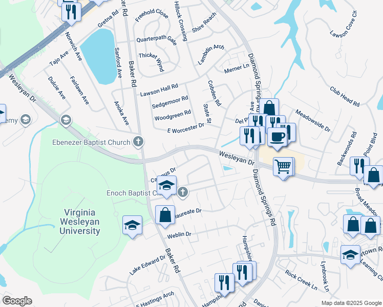 map of restaurants, bars, coffee shops, grocery stores, and more near 5590 Campus Drive in Virginia Beach