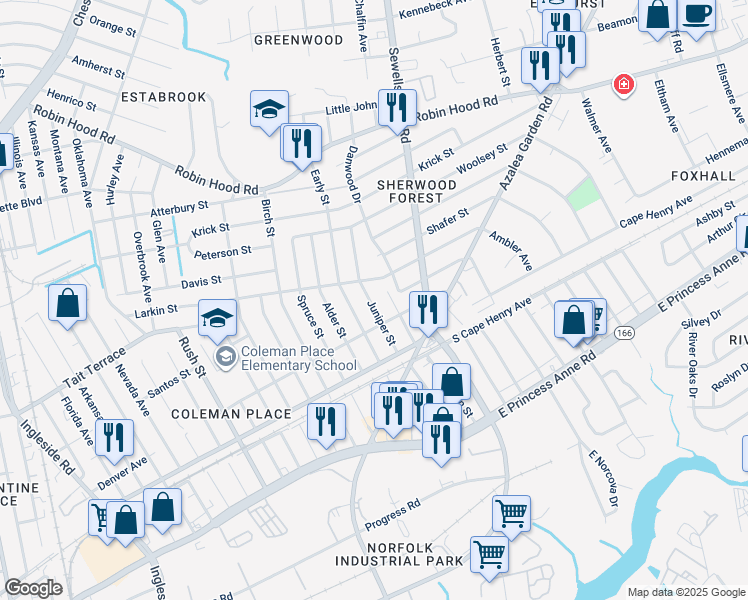 map of restaurants, bars, coffee shops, grocery stores, and more near 2422 Juniper Street in Norfolk
