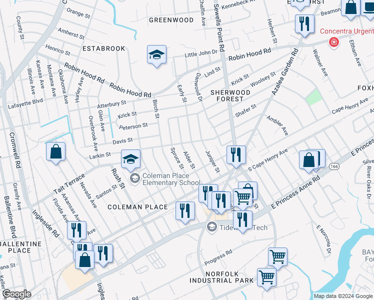 map of restaurants, bars, coffee shops, grocery stores, and more near 2440 Alder Street in Norfolk