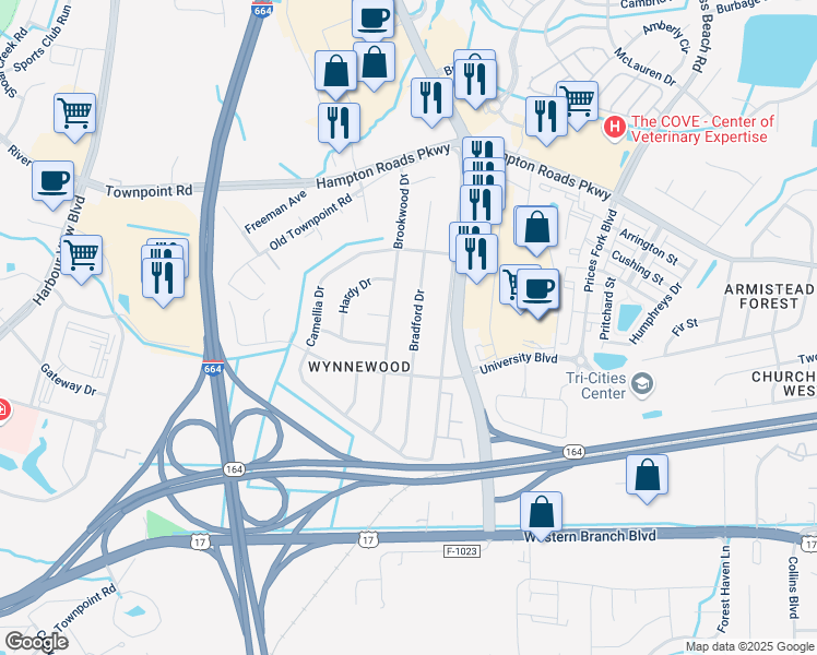 map of restaurants, bars, coffee shops, grocery stores, and more near 6016 Bradford Drive in Suffolk