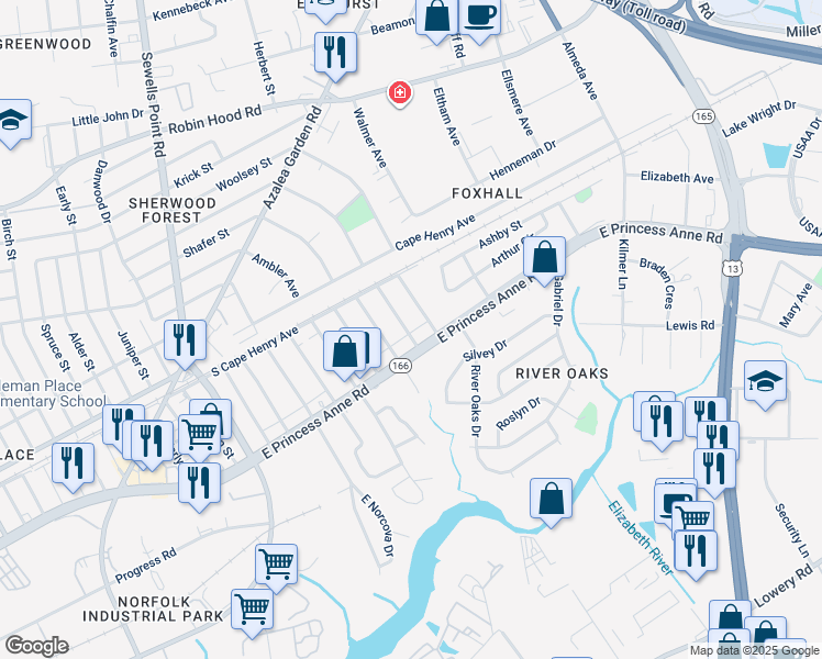 map of restaurants, bars, coffee shops, grocery stores, and more near 1514 Nelms Avenue in Norfolk
