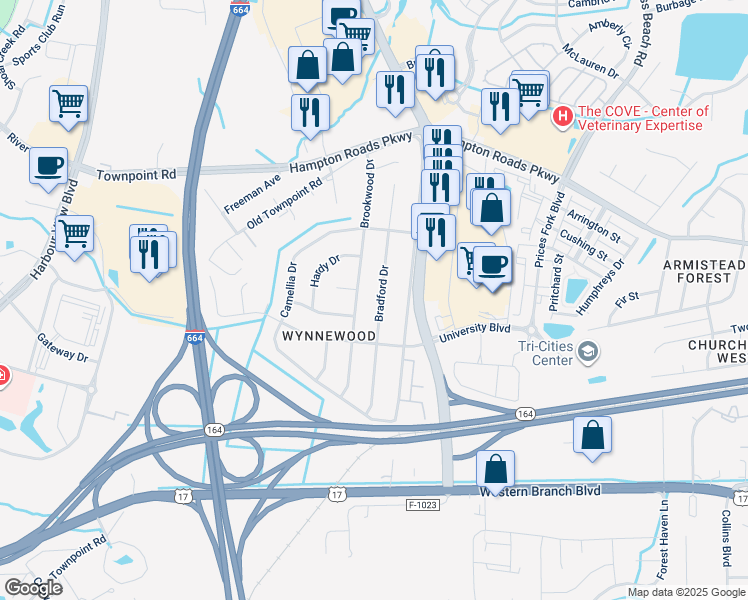 map of restaurants, bars, coffee shops, grocery stores, and more near 6025 Bradford Drive in Suffolk