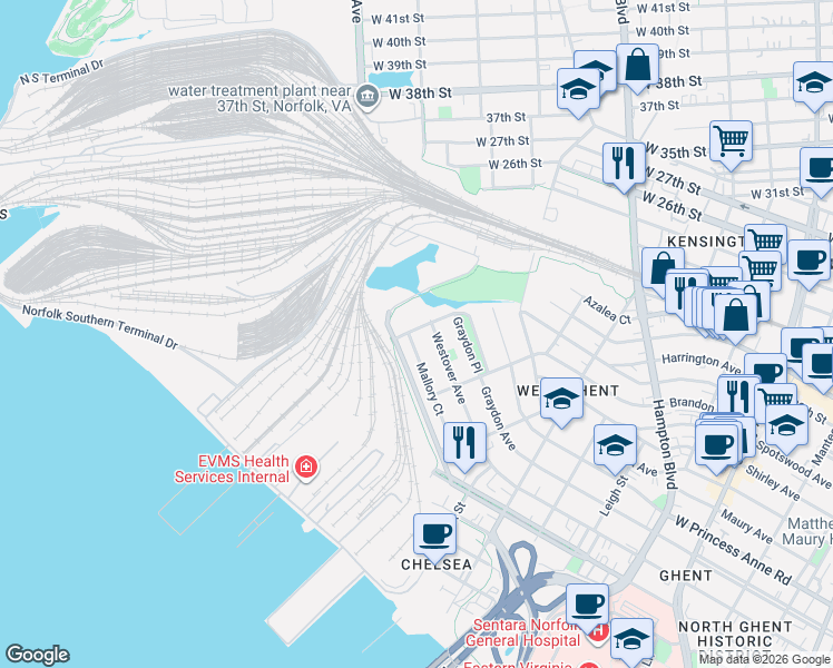 map of restaurants, bars, coffee shops, grocery stores, and more near 1439 Westover Avenue in Norfolk