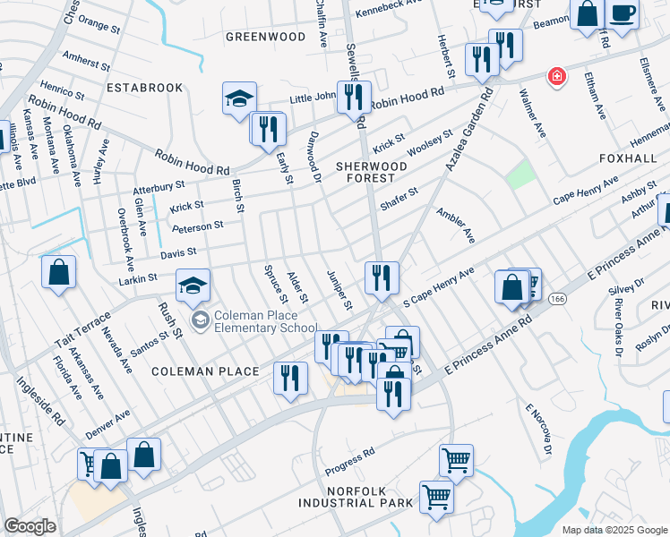 map of restaurants, bars, coffee shops, grocery stores, and more near 2422 Juniper Street in Norfolk