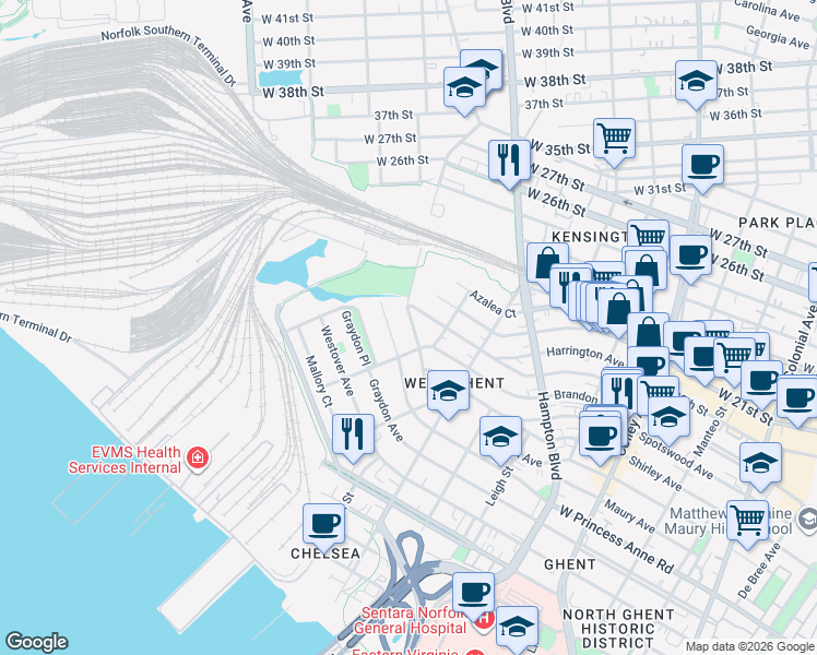 map of restaurants, bars, coffee shops, grocery stores, and more near 1406 West Princess Anne Road in Norfolk