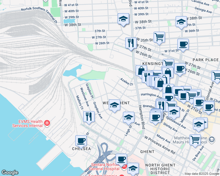 map of restaurants, bars, coffee shops, grocery stores, and more near 1409 Gates Ave in Norfolk