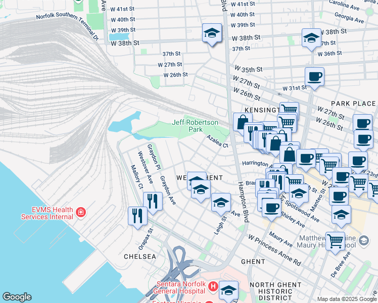 map of restaurants, bars, coffee shops, grocery stores, and more near 1409 Gates Avenue in Norfolk