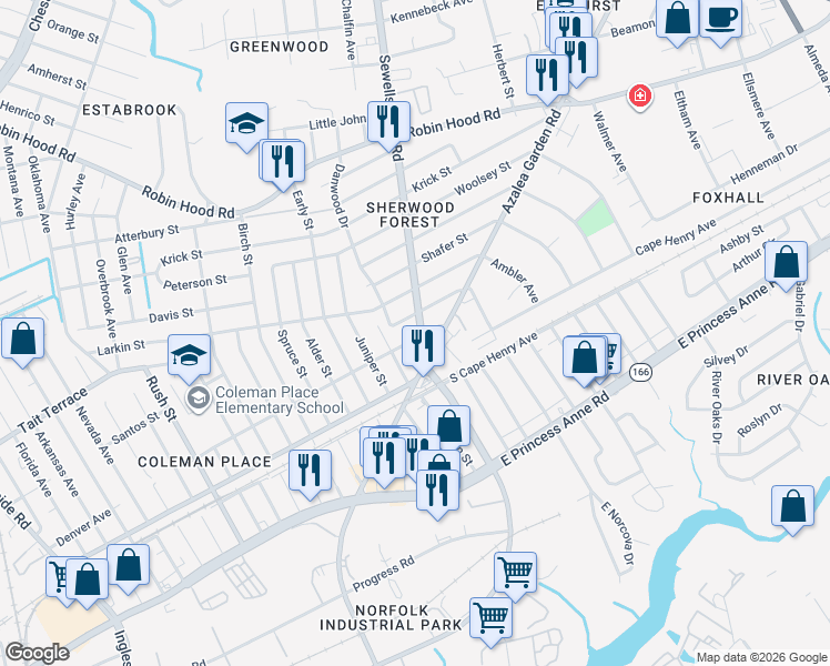 map of restaurants, bars, coffee shops, grocery stores, and more near 2330 Aspin Street in Norfolk