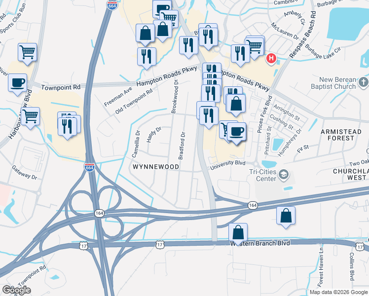 map of restaurants, bars, coffee shops, grocery stores, and more near 6016 Bradford Drive in Suffolk