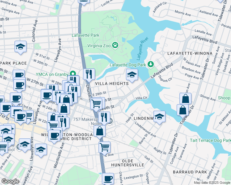 map of restaurants, bars, coffee shops, grocery stores, and more near 2711 Leo Street in Norfolk